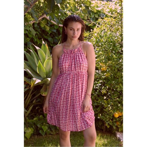 NEW  By Anthropologie Pink Floral Cotton Gauze Halter Dress Cover-Up Medium - Picture 1 of 3